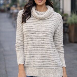 Elegant Cream Striped Women's Turtleneck Sweater
